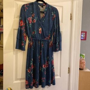 Robert Louis Faux Denim Flutter/Bell Sleeve Elastic Waist Floral Dress Size Medi